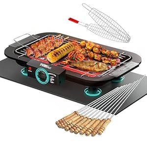 TOMdoxx 2000W Indoor/Outdoor Grill - Smokeless Barbeque with Precise Temperature Control for Steaks, Kebabs & Veggies - Electric Tandoor Set Grilling Sticks with Fish Grill Basket